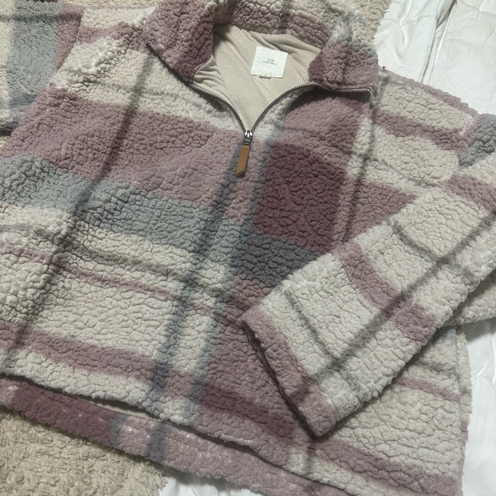Cozy Plaid Sherpa Sweater - Pink and Gray